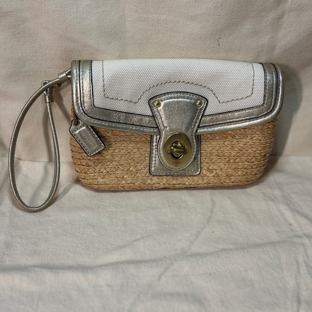 Coach White and Natural Straw Wristlet with Silver Trim raffia